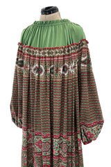 Gorgeous 1970s Lanvin Couture Printed Gathered Silk Caftan Dress w Balloon Sleeves & Felt Hem