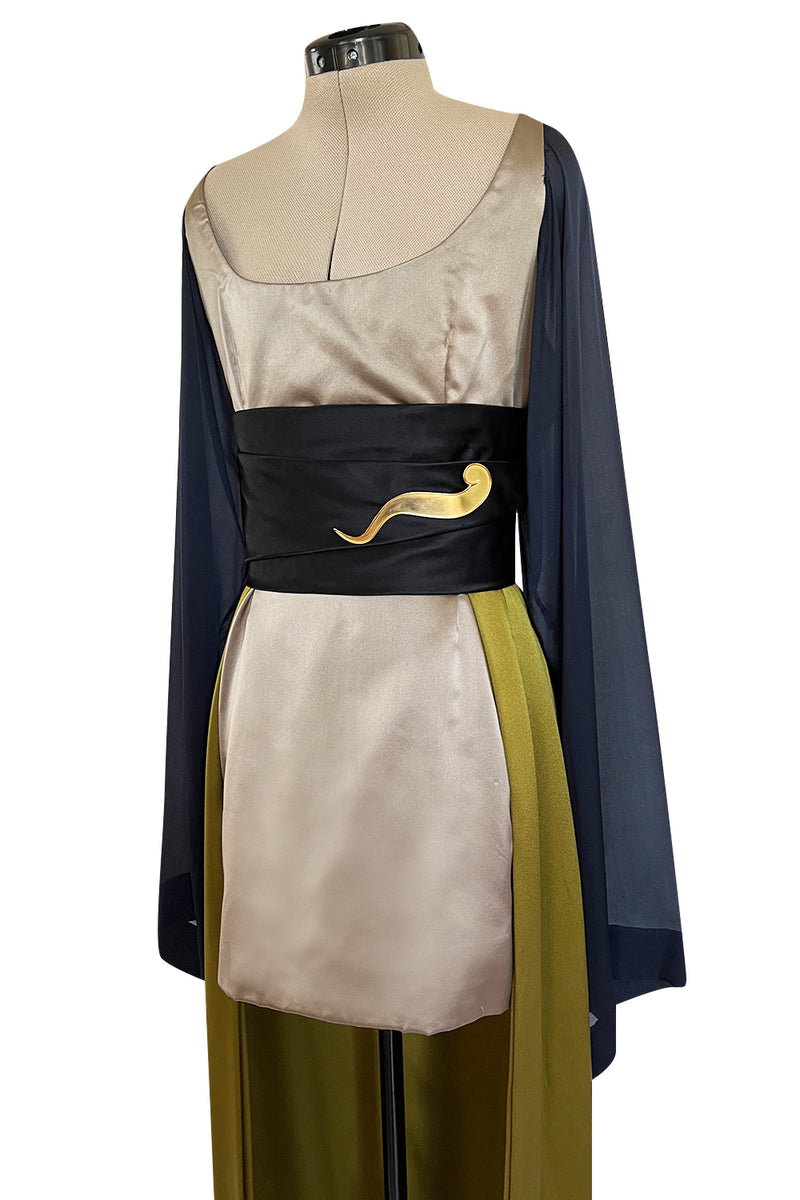 Fall 1994 Guy Laroche Haute Couture Runway Wide Sleeve Dress w Cumberbund & Back Skirt Panel