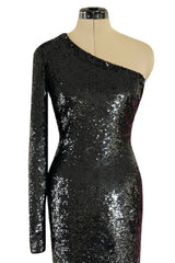 Early 2000s John Anthony Couture One Shoulder & Sleeve Densely Sequinned Glossy Black Dress