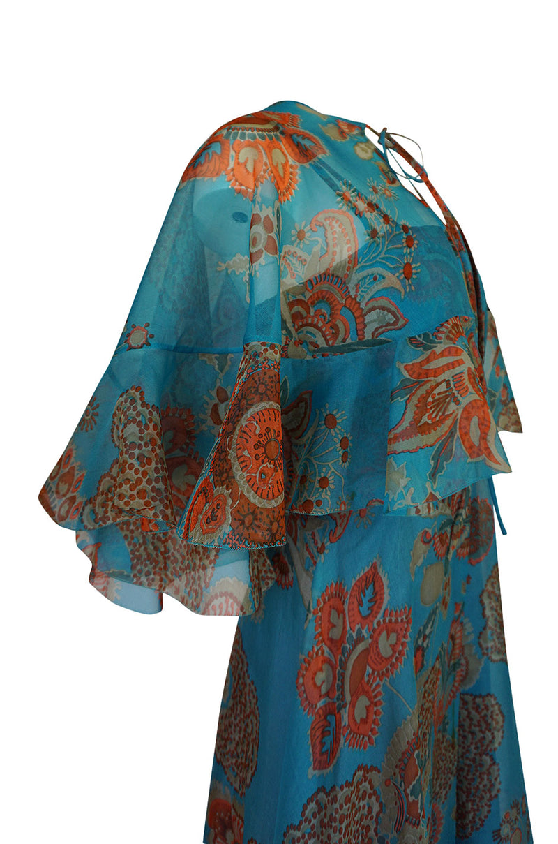 1960s Hardy Amies Deep Turquoise & Printed Silk Organza Dress w Matching Ruffled Capelet