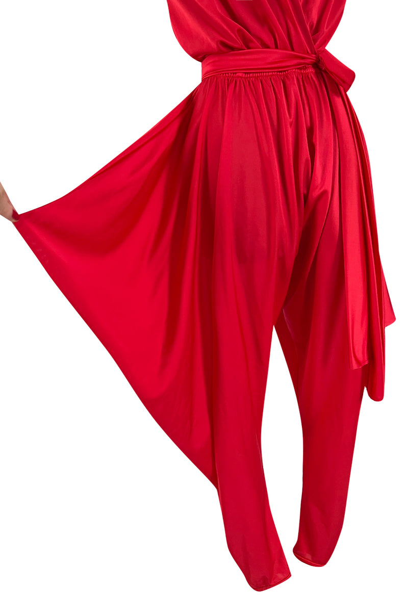 1980s Cattani Plunge Frint and Back Red Jersey Jumpsuit w Draped Legs