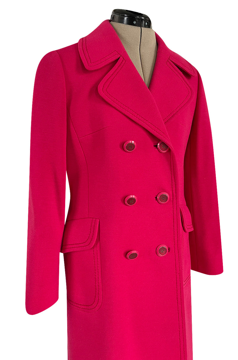 Gorgeous 1970s Unlabeled Top Stitched Knit Jersey Coat in a Bright Joyful Raspberry Coral Colour