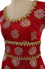 Exceptional Late 1960s Oscar de la Renta Red Silk Dress w Gold & Silver Detailing