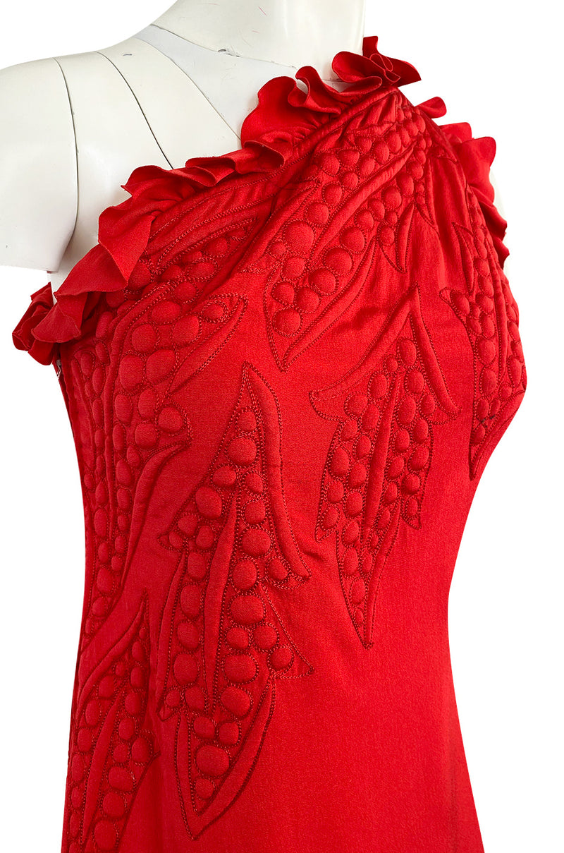 Documented 1981 James Galanos One Shoulder Red Silk Dress w Trapunto Quilting Detail