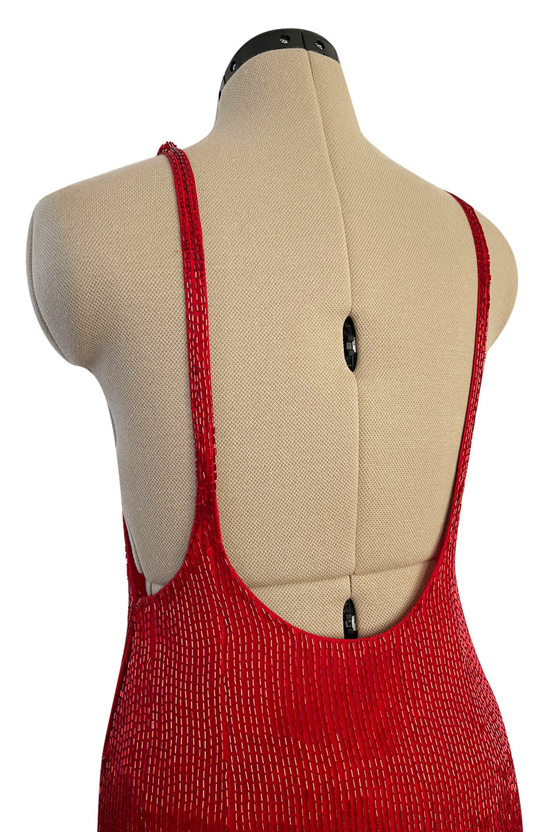 Showstopping 1975 John Anthony Couture Deep Plunging Red Dress Entirely Covered in Glass Beads