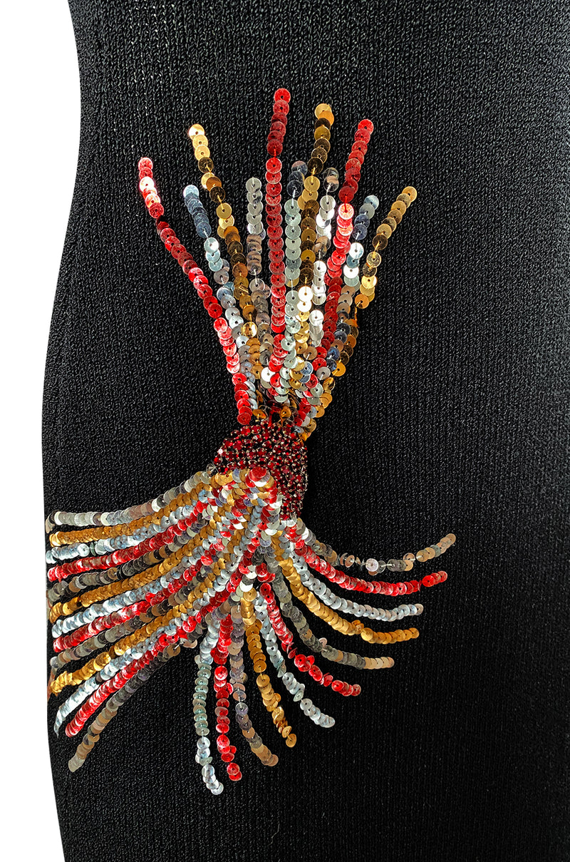Stunning 1970s Adolfo Black Knit w Sequin & Rhinestone Detailing Dress