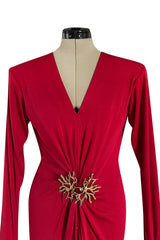 Iconic Fall 1985 Yves Saint Laurent Ad Campaign Red Plunge Dress w Jewel Clasp