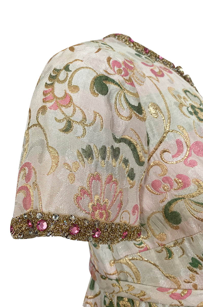 1960s Nat Kaplan Silk Brocade Midi Dress w Elaborate Crystal Detailing