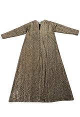 Classic 1970s Halston Metallic Gold Lame Lurex Full Length Caftan Dress w Notched Neckline