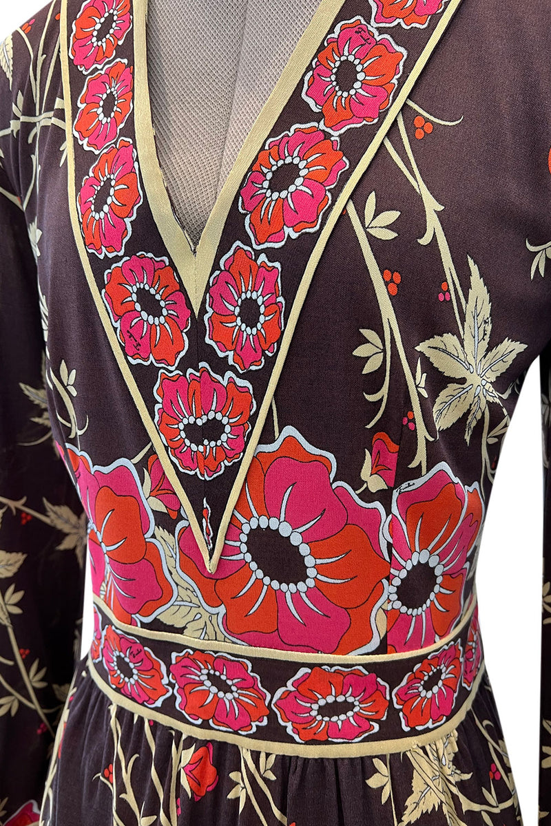 Prettiest 1970s Emilio Pucci Original Pink & Coral Floral Print Brown Silk Jersey Dress