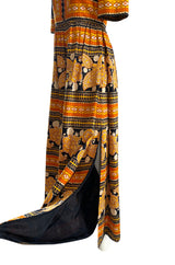 Late 1960s Oscar de la Renta Printed Orange & Black Jumpsuit w Extra Wide Side Slit Legs