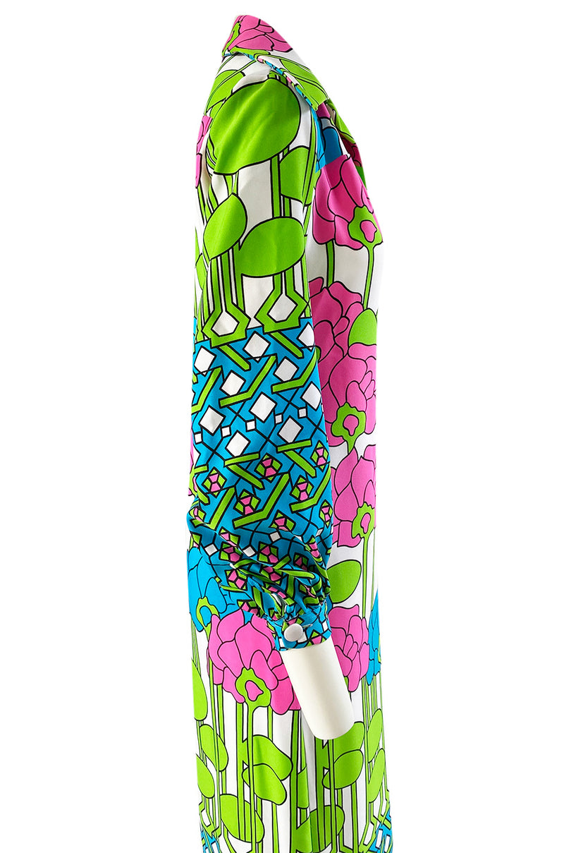 1970s Lanvin Mod Op Art Oversized Floral Print Jersey Shirt Dress