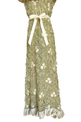 Early 1960s Carven Couture Pale Green Silk Organdy Embroidered Cut Out Dress