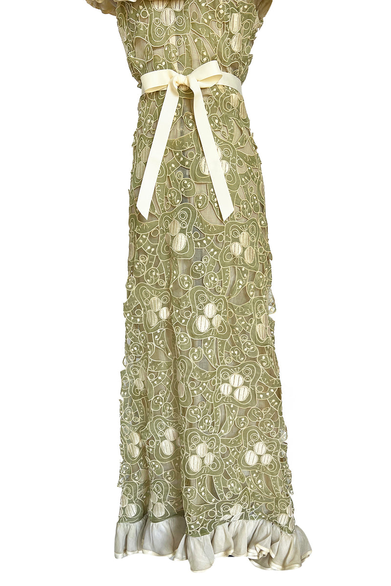 Early 1960s Carven Couture Pale Green Silk Organdy Embroidered Cut Out Dress