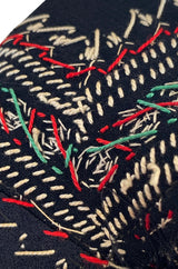Stunning 1940s Black Silk Crepe Top w Extensive Hand Embroidered Neckline & Sleeves