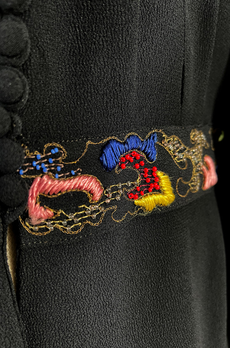 Extraordinary 1940s Hand Embroidered & Beaded Black Moss Crepe Balloon Sleeve Top