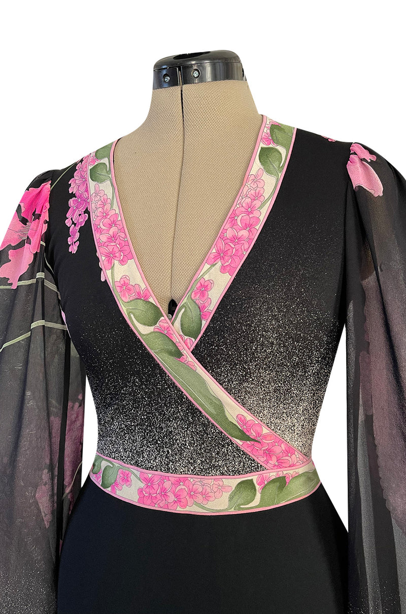 Prettiest 1970s Leonard Paris Pink Charcoal & Black Floral Printed Silk Jersey Dress