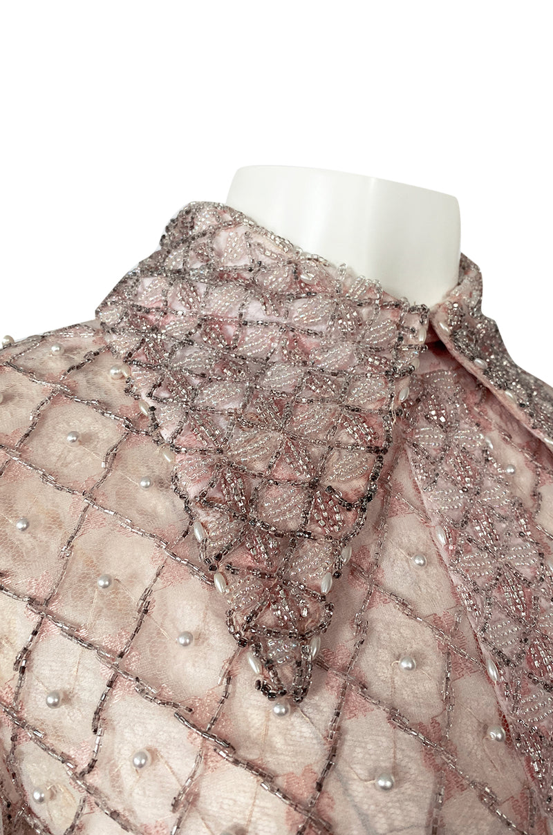 1960s Valentina Inc Pink Beaded Shift Dress w Front Collar Detailing Shrimpton Couture 1960s Valentina Inc Pink Beaded Shift Dress w Front Collar Detailing Shrimpton Couture