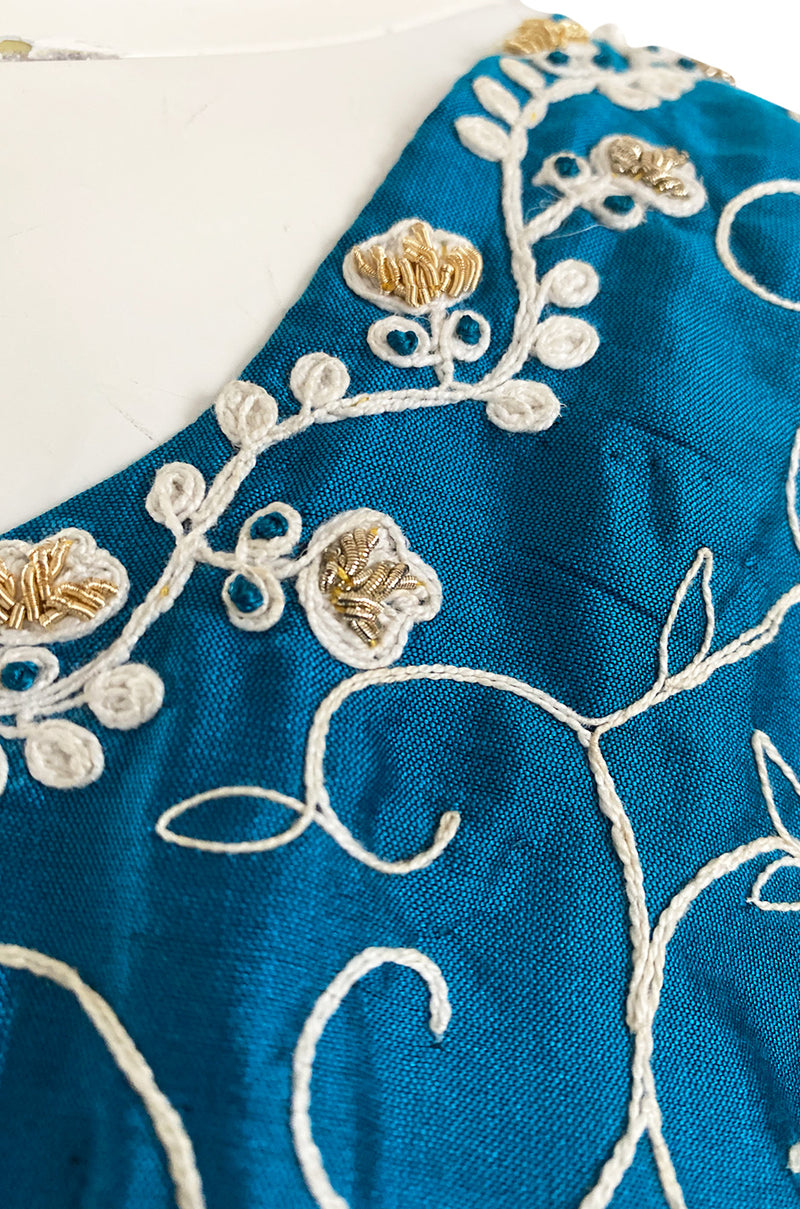 1970s Elaborately Embroidered Deep Turquoise Blue Silk Caftan Dress