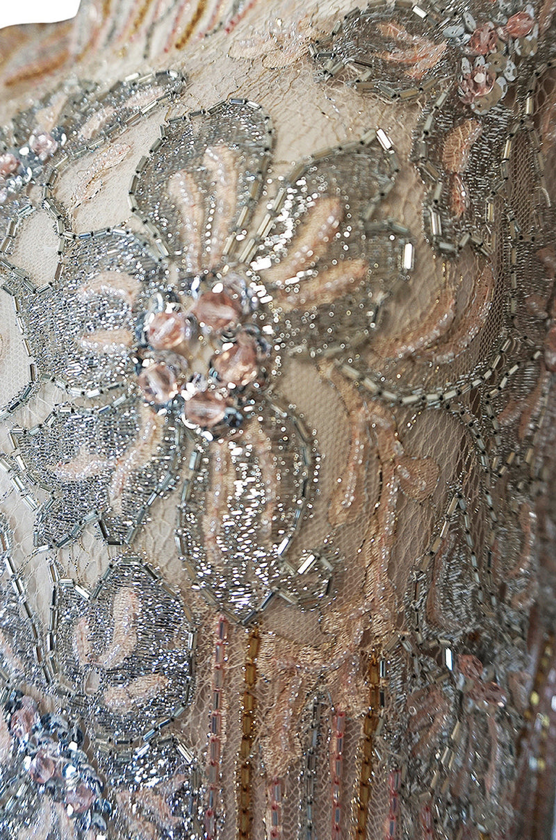 1980s Fernando Pena Gold & Pink Bead Sequin & Net Dress