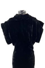 Stunning 1930s Black Silk Velvet Bias Cut Dress w Top Stitched Sleeves & Silver Glitter Buttons