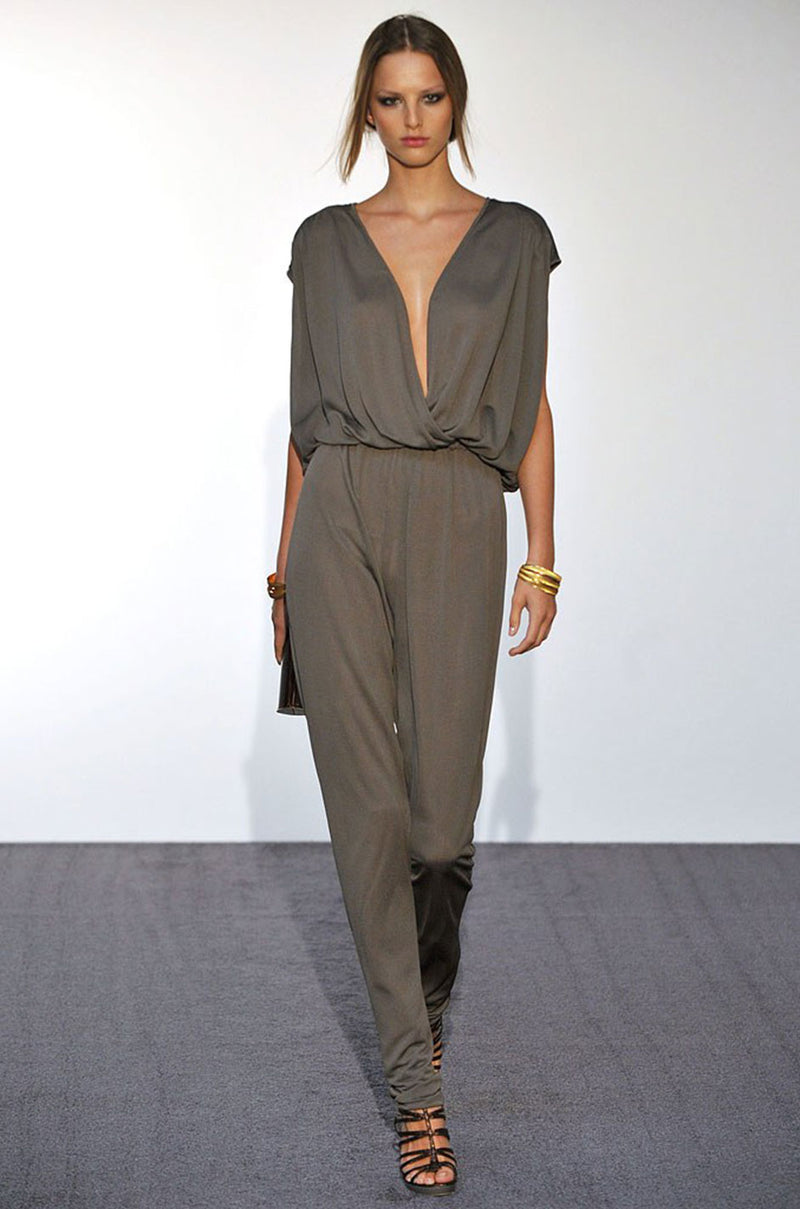 S/S 2009 Halston Grey Jersey Plunge Front and Back Jumpsuit