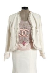 Cruise 2004 Chanel by Karl Lagerfeld Three Piece Ivory Silk Boucle Suit w Silk Chiffon Edging