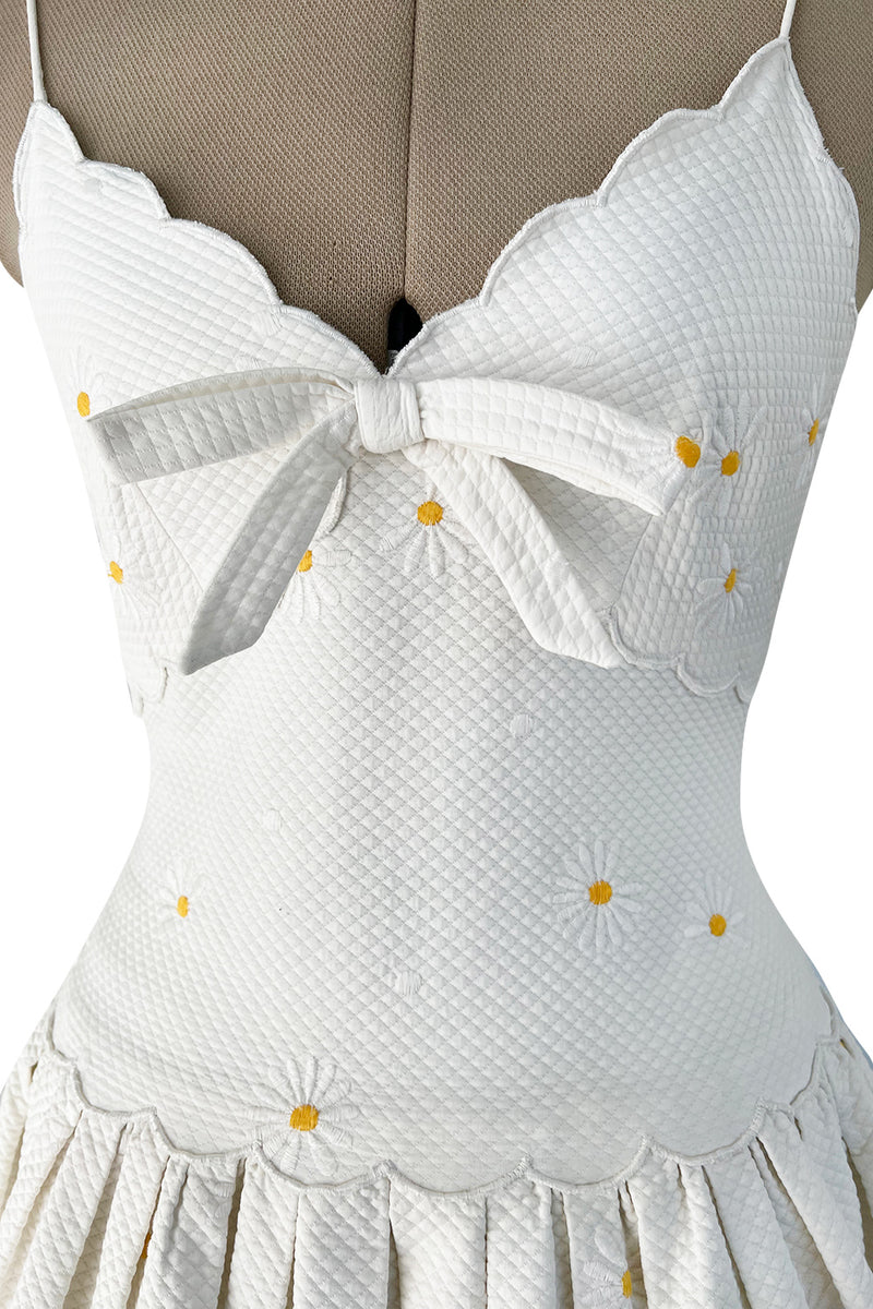 Prettiest 1960s Nina Ricci White Cotton Waffle Weave Pique Dress w Embroidered Daisies
