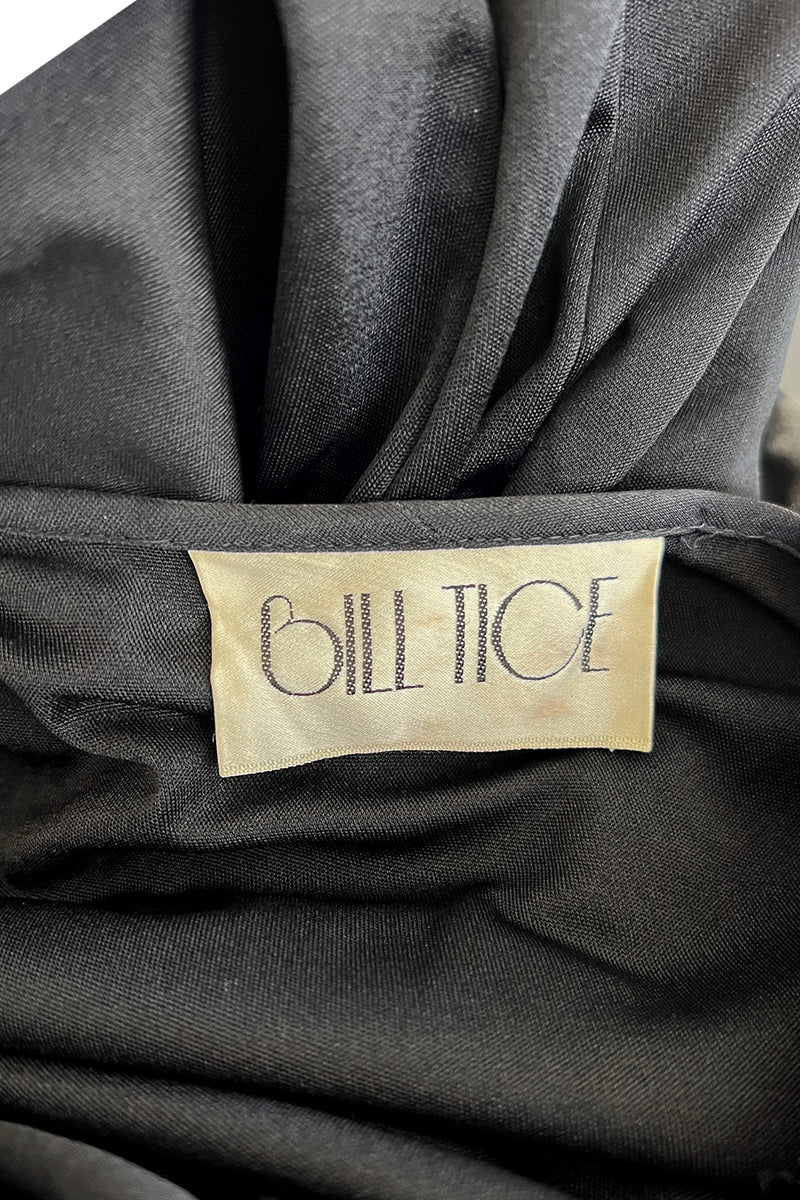 Documented 1980 Bill Tice Plunging Front Black Jersey Dress w Top Stitched Gold Belt