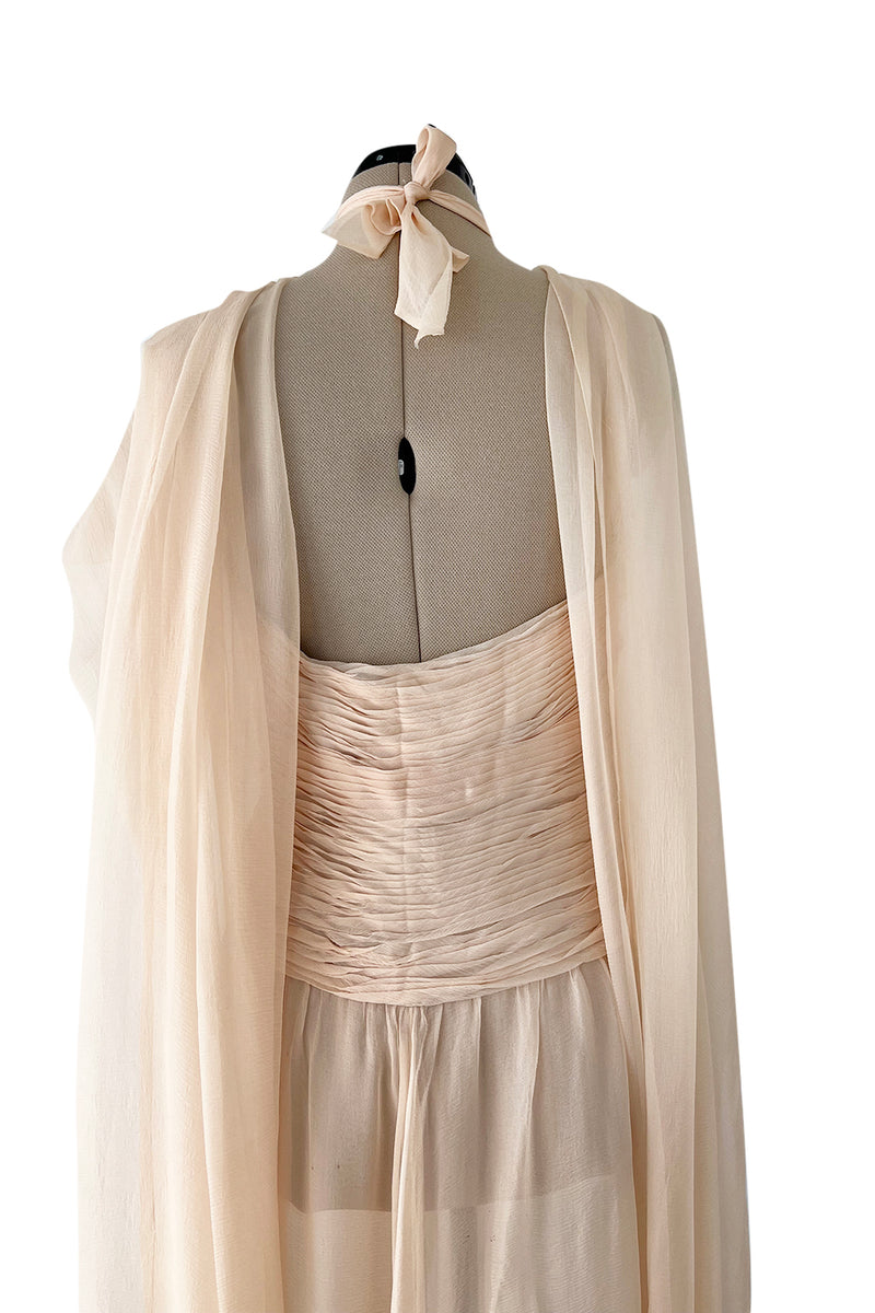 Incredible Spring 1985 Chanel by Karl Lagerfeld Pale Nude Silk Chiffon Dress w Attached Cape