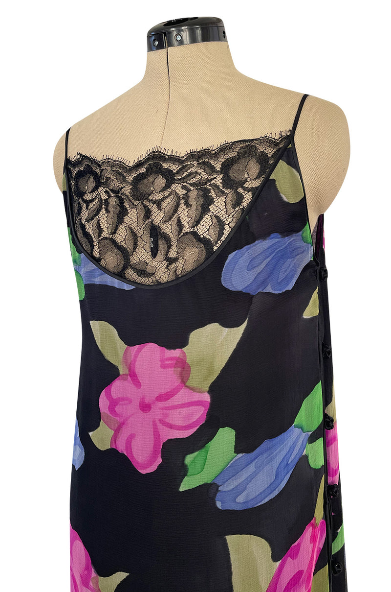 Custom 1970s James Galanos Floral Print Silk Chiffon Dress w Deep Plunging Black Lace Inserts