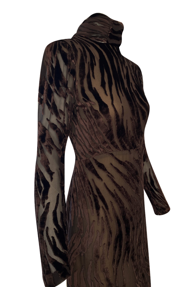 1970s Pauline Trigere Fused Velvet & Chocolate Silk Chiffon Dress w Attached Tie at Neck