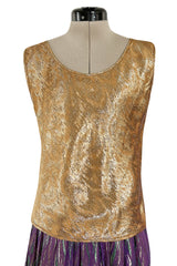 Fabulous 1970s Adolfo Metallic Gold, Green and Purple Silk Skirt, Tassle Belt & Top Set