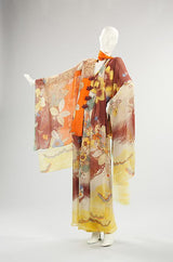 1960s Hanae Mori Couture Long Open Kimono Sleeve Pink Floral Print Cotton Caftan Dress