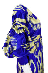 Recent Zazi Vintage Silk Ikat "Madhu" Bliue & Gold Caftan Dress