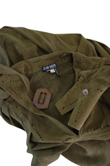 1970s Jean Muir Billowing Sleeve Perforated Olive Suede Dress