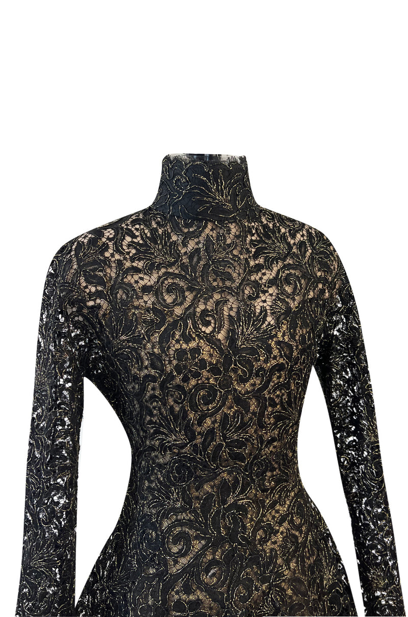 1980s James Galanos Attributed Demi-Couture Black & Metallic Gold Lace Dress Set