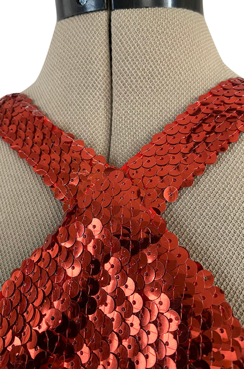 Remarkable Spring 1976 Pierre Cardin Couture Red Sequin Halter Dress w Low Full Skirt Hem
