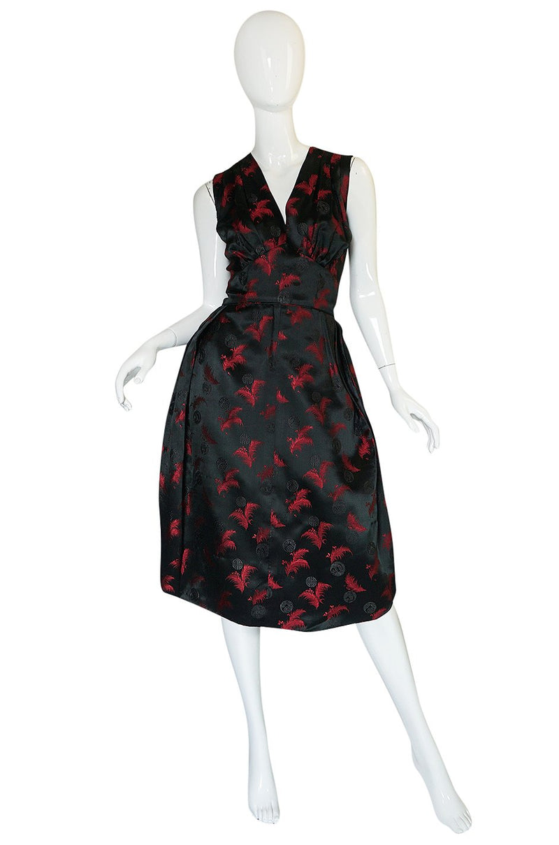 1950s Unlabelled Red & Black Aisian Silk 'Feather' Dress
