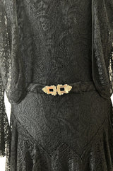 Light as Air Late 1920s Unlabeled Fine Black Lace Dress w Matching Jacket & Rhinestone BuckleBelt