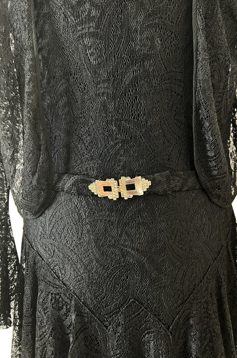 Light as Air Late 1920s Unlabeled Fine Black Lace Dress w Matching Jacket & Rhinestone BuckleBelt