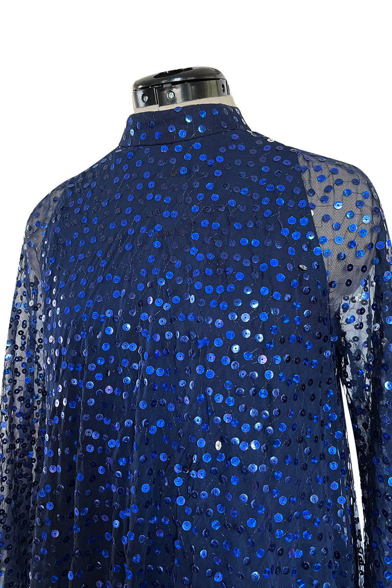 Incredible 1970-1972 Mollie Parnis Blue Sequin on Silk Chiffon Caftan Dress w Wide Sleeves