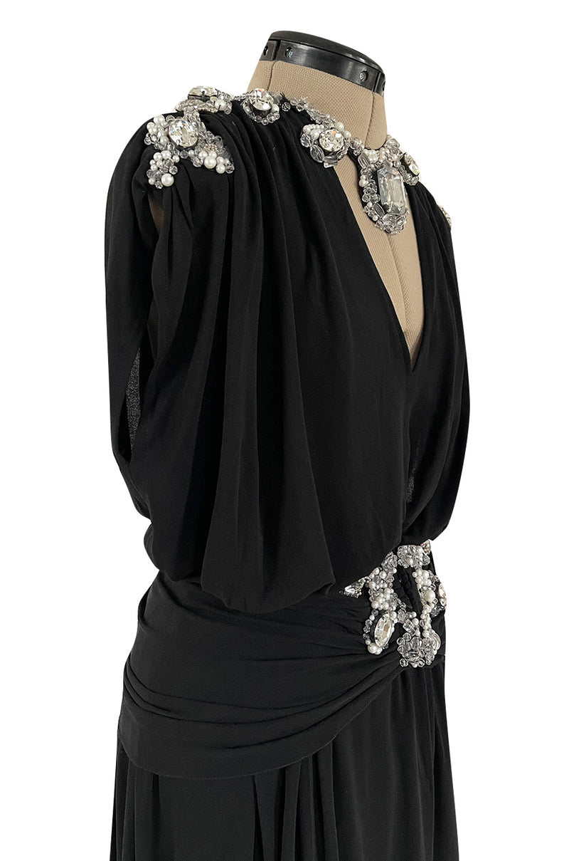 Incredible 1970s Loris Azzaro Black Silk Jersey Dress w Huge Attached Jewel Collar & Jewelled Belt