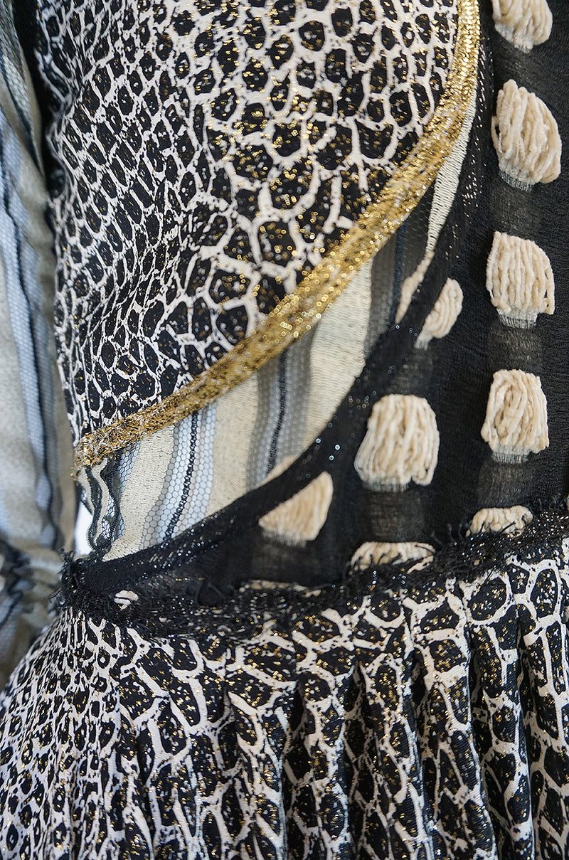 1970s Geoffrey Beene Couture Gold Metallic Lurex & Net Print Dress