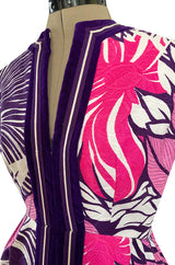 1960s Gino Charles for Malcolm Starr Purple & Pink Printed Jumpsuit w Extra Wide Legs