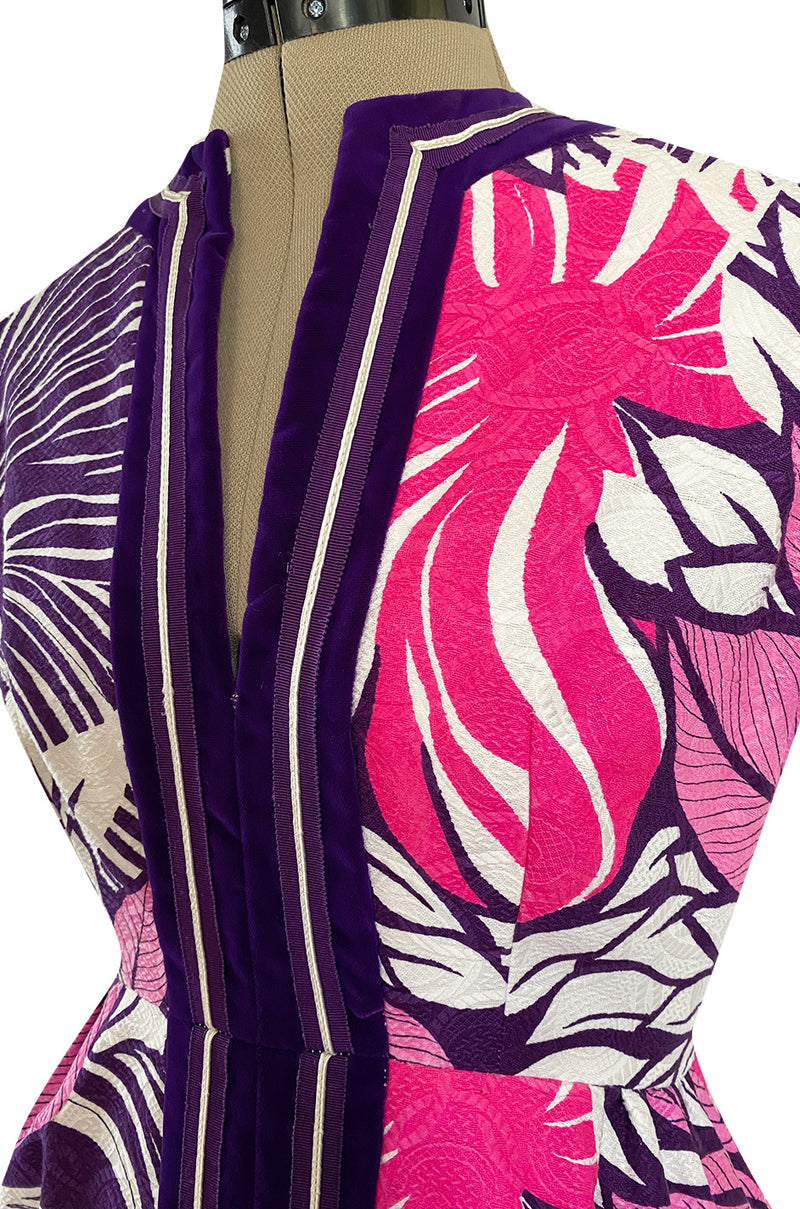 1960s Gino Charles for Malcolm Starr Purple & Pink Printed Jumpsuit w Extra Wide Legs