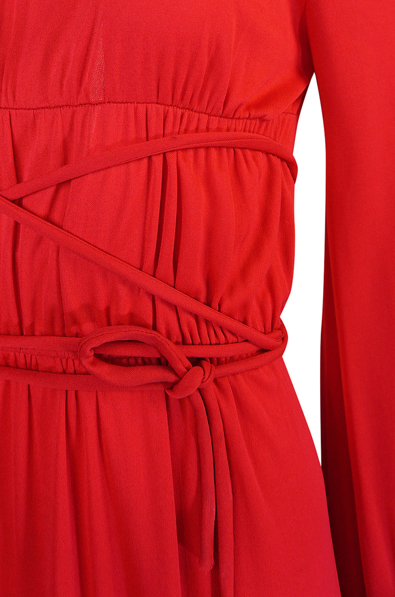 Documented 1973 Bill Blass Couture Tie Detailed Red Silk Jersey Dress