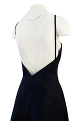 1990s Calvin Klein Black Front Plunge Halter Dress w No Back and Long Full Skirt