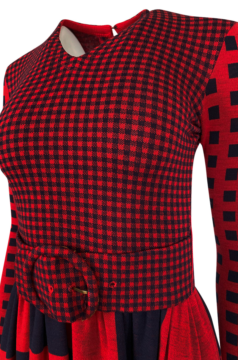 Documented 1971 Rudi Gernreich Red & Navy Check Dress w Belt