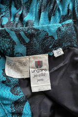 Late 1980s Emanuel Ungaro Teal Blue Printed Silk Mini Dress w Strong Shoulders